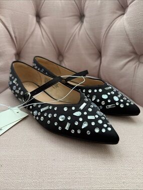 a new day Black Pointed Mary Jane Flats with Crystal Studs
